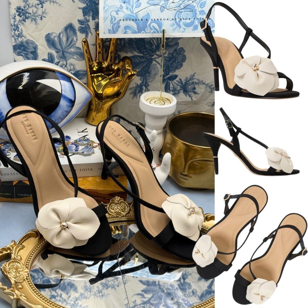 🆕 TED BAKER 🧿 NWOB ARIA ROSE Black & White Pearl Embellished Sandal, Sz US 6.5